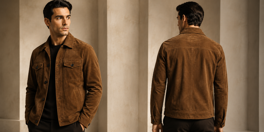 Premium suede leather jacket front and back view — Silvon International OEM manufacturing